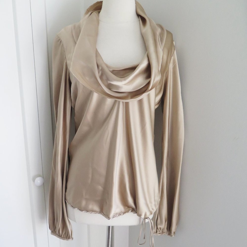 WYETH by Todd Magill Beige Silk Satin Cowl Neck Drawstring Waist  Top Sz Medium
